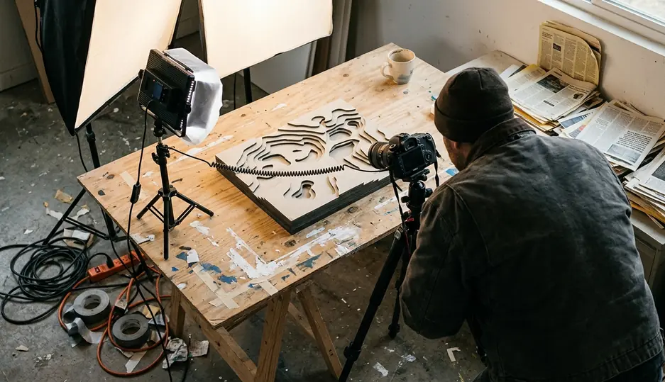 Photography setup with lighting equipment pointed at a foam-core topography model