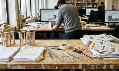 Design studio with creative tools scattered across a scarred plywood workbench