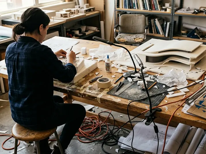 Photography setup with lighting equipment clamped awkwardly to a cluttered drafting desk