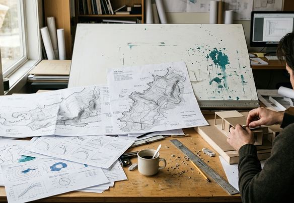 Art workspace with projects in progress, capturing an unstaged architectural desk cluttered with topographic maps