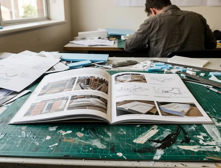 Portfolio spread on creative desk under flat overhead lighting
